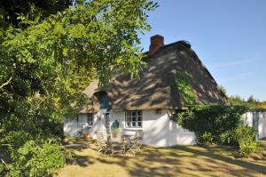 een rieten huisje met stoelen ervoor bij Das Kätnerhaus Nordsee in Langenhorn