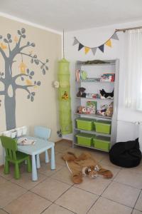 a room with a table and a cat laying on the floor at Apartament HANYSEK in Góra Świętej Anny