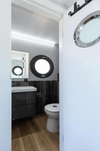 OphovenにあるOtter Easy Houseboats, Comfortklasse M huisboot Hausbootのトイレ、洗面台、鏡を備えたバスルーム