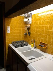 a kitchen with a sink and a yellow tiled wall at Pont de Frappe in Chabottes