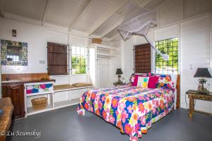 a bedroom with a bed with a colorful comforter at Veranda View Guesthouse in Calibishie