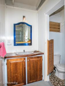 a bathroom with a sink and a toilet and a mirror at Veranda View Guesthouse in Calibishie