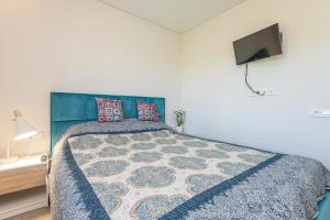 een slaapkamer met een bed met een blauw dekbed en een tv bij 1Pilkos Lankos Apartaments in Palanga