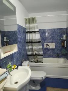 een badkamer met een toilet, een wastafel en een bad bij Casa Simona in Vişeu de Sus