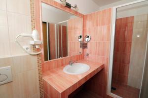 een badkamer met een wastafel en een spiegel bij PENZION HŮRKA in Dolní Libchavy