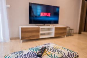 a living room with a tv and a remote control at Modernes Apartment in Zentrumsnähe mit eigenem Stellplatz in Baden-Baden