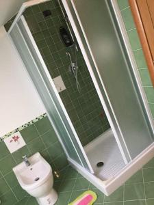 a green bathroom with a shower and a toilet at Casa vacanza il sogno in Furci Siculo +13 photos