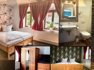 eine Collage mit Bildern eines Schlafzimmers und eines Badezimmers in der Unterkunft Restaurant & Pension Stadtscheune in Köthen