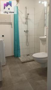 a bathroom with a shower and a toilet and a sink at CITY VIEW Zamenhofa in Świdnica