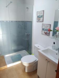 a bathroom with a shower and a toilet and a sink at Can Blum in La Asomada +17 photos