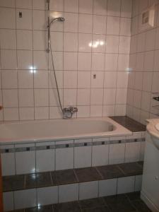 eine Badewanne mit Dusche im Bad in der Unterkunft Dirnbergerhof in Mondsee