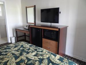 a bedroom with a bed and a flat screen tv at Budget Inn Columbus in Lockbourne