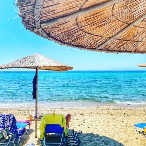 plaża z leżakami, parasolem i oceanem w obiekcie Lucas Lux Flogita apartment w mieście Flogita