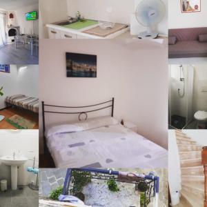 un collage de photos d'une chambre et d'un lit dans l'établissement Casa vacanze azzurra, à Montemerano