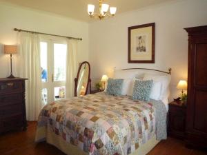 基洛格林的住宿－Fleur Cottage Killorglin by Trident Holiday Homes，一间卧室配有一张床和一个吊灯