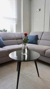 a vase with a rose on a table in a living room at Apartament w samym sercu Opola 2 in Opole