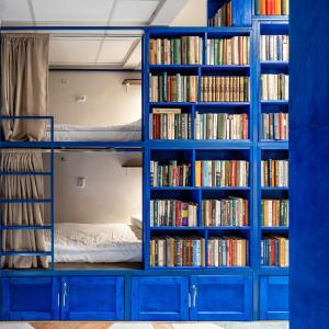 een kamer met blauwe boekenplanken gevuld met boeken bij BookCase Hostel in Sint-Petersburg