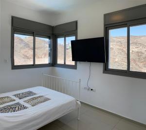 a bedroom with a bed with windows and a flat screen tv at Stunning Penthouse with sea views and private heated pool in Eilat