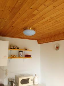 a kitchen with a wooden ceiling and a microwave at Casa Beatrice in Spilimbergo