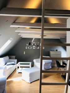 - une chambre en mezzanine avec des lits superposés et une échelle dans l'établissement Riverview Loft in Central Herzogenaurach, à Herzogenaurach