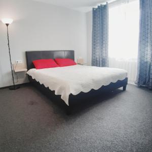 1 dormitorio con 1 cama grande con almohadas rojas en Міни - готель в центрі Apartment in Center, en Rivne