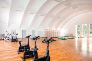 a gym with several treadmills and exercise bikes at Biały Dom in Konstancin-Jeziorna