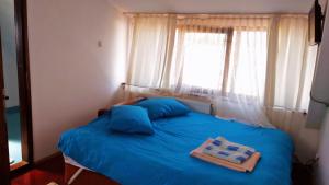 1 dormitorio con cama azul y ventana en Casa Toth din Țipțerai en Vişeu de Sus