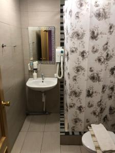 a bathroom with a sink and a shower curtain at Итальянские комнаты и апартаменты Пио на Моховой 39 in Saint Petersburg