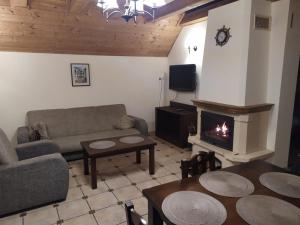 a living room with a couch and a fireplace at Urocza Przystań Siecino in Siecino