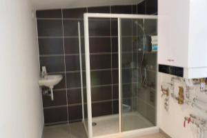 a bathroom with a shower and a sink at LES HAUTEURS DE TRESTRAOU in Perros-Guirec +26 photos