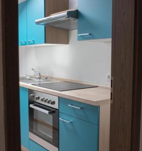a kitchen with blue cabinets and a sink at wohnung oben Steiger in Bad Birnbach