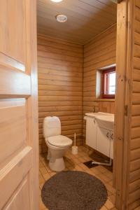 Kultala Cottage في Korkeakoski: حمام خشبي مع مرحاض ومغسلة