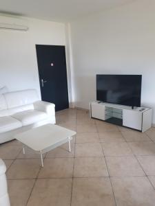 a living room with a white couch and a tv at appartement tra mare e monti in Ghisonaccia