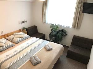 una camera da letto con un letto, una sedia e una finestra di Pension Crhan a Mikulov