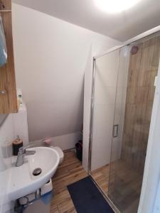y baño con ducha, lavabo y aseo. en Domek w Brodnicy Dolnej, en Brodnica Dolna