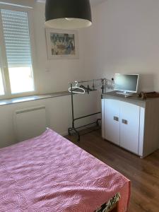 - une chambre avec un lit et un bureau avec un ordinateur portable dans l'établissement SPACIEUX T2 COSY SAINT-BRIEUC, à Saint-Brieuc