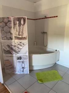 La salle de bains est pourvue d'une baignoire et d'un tapis vert. dans l'établissement SPACIEUX T2 COSY SAINT-BRIEUC, à Saint-Brieuc