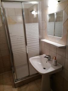 a bathroom with a sink and a shower at Guesthouse Chotos in Samarina +23 photos