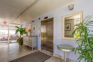 a hallway with a door and a table and plants at 303 Crimson Condos in St. Pete Beach