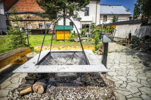 a fire pit in a yard with a bench at Villa Zachar in Ľubica