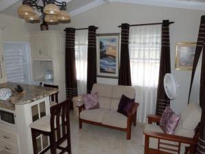 a living room with a kitchen with a couch and chairs at Hopeville Apartments in Christ Church