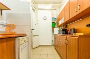 a kitchen with wooden cabinets and a white refrigerator at Eitans Guesthouse in Budapest +24 photos