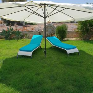 two chairs under an umbrella in the grass at Hotel Aglaia in Kalamaki