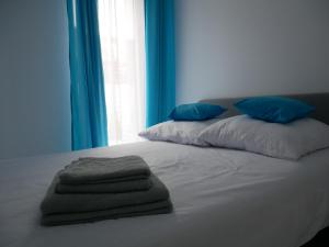 ein Bett mit blauen Wänden und blauen Kissen darauf in der Unterkunft Wisełka Apartamenty Sea & Lake in Wisełka