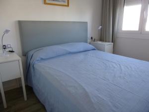 1 dormitorio con 1 cama con manta azul y ventana en Apart-rent Apartment Bahia 0022, en Empuriabrava