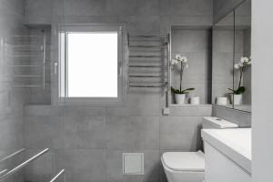 a bathroom with a white toilet and a window at Cozy One-bedroom La Latina in Madrid