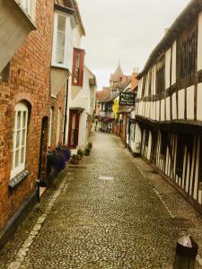 eine alte Kopfsteinpflasterstraße in einer Stadt mit Gebäuden in der Unterkunft 1 The Mews Cottages in Ledbury