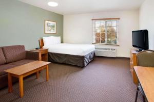 a hotel room with a bed and a couch and a tv at WoodSpring Suites Chesapeake-Norfolk South in Chesapeake
