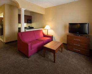 - un salon avec un canapé rose et une télévision dans l'établissement Comfort Inn & Suites, à Morganton