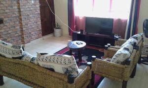 ein Wohnzimmer mit 2 Sofas und einem TV in der Unterkunft Hilda Blooms in Kisumu